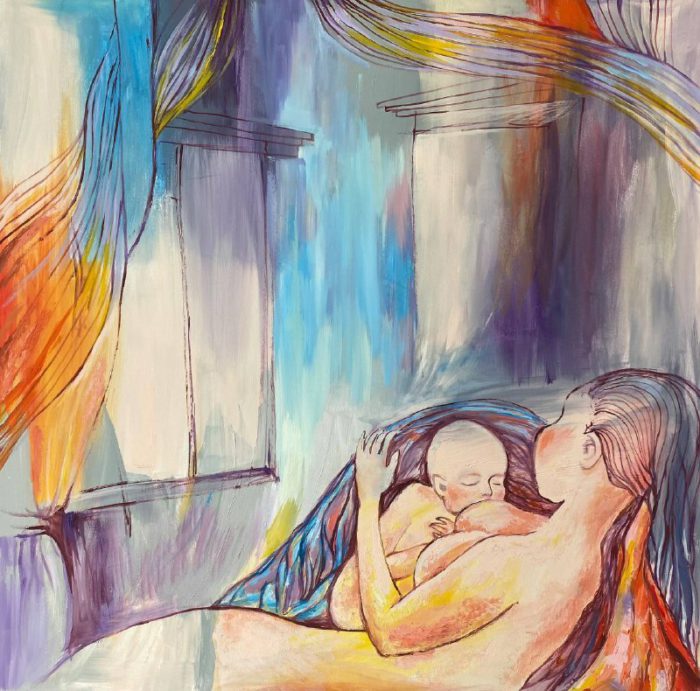 «Мать и дитя», Рушания Бадретдинова, 100x100, х.м., 2021, серия «Мать и дитя»